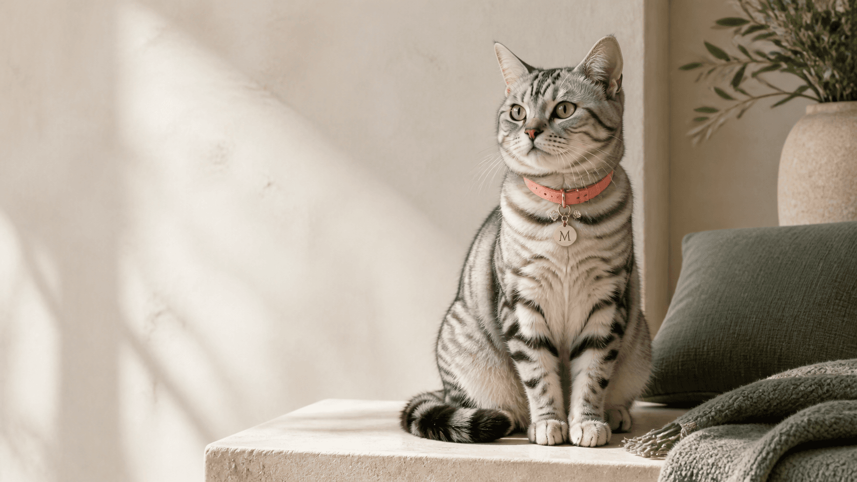 Silver tabby cat wearing a personalized coral collar in a warm home