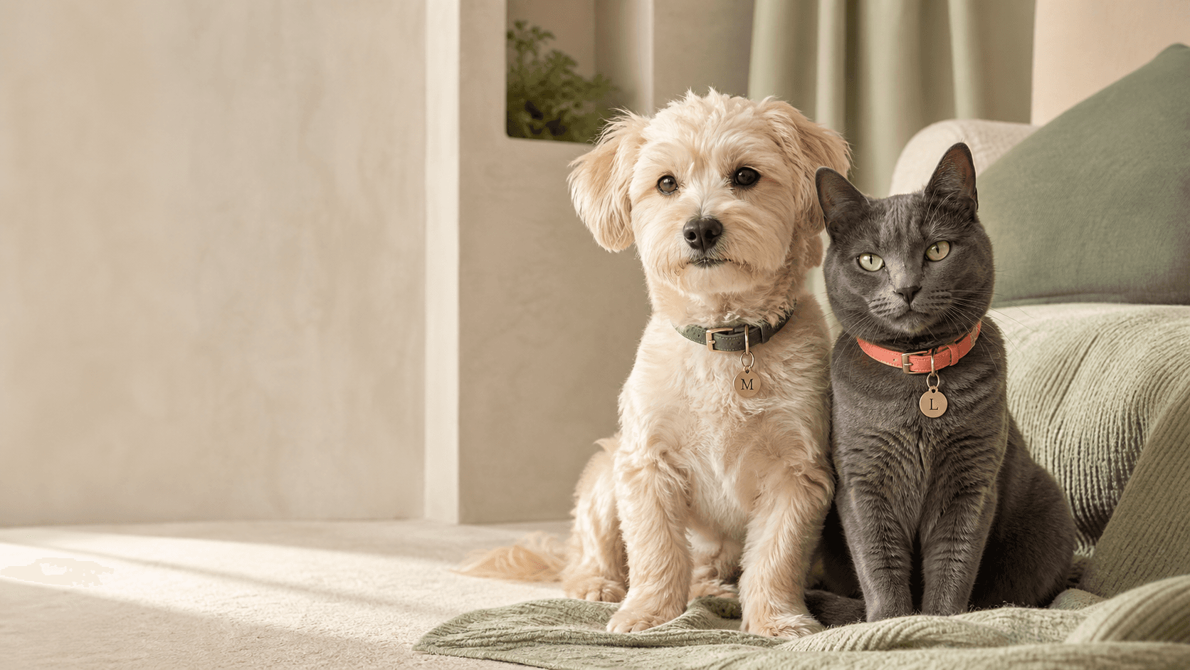 Dog and cat sitting together in personalized collars